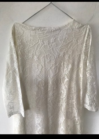 Yumuşak Güpür Muhteşem Beyaz Elbise - Görsel 15