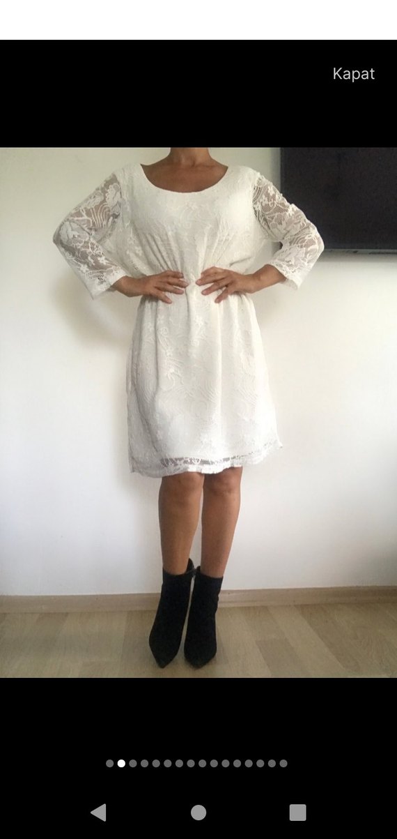 Yumuşak Güpür Muhteşem Beyaz Elbise - Görsel 4