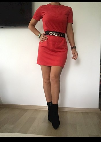 36-38 Beden Kırmızı Süet Elbise - Görsel 3