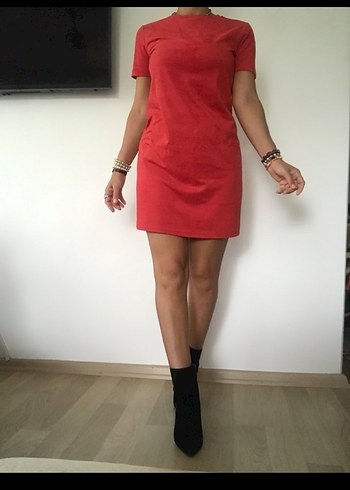 36-38 Beden Kırmızı Süet Elbise - Görsel 4