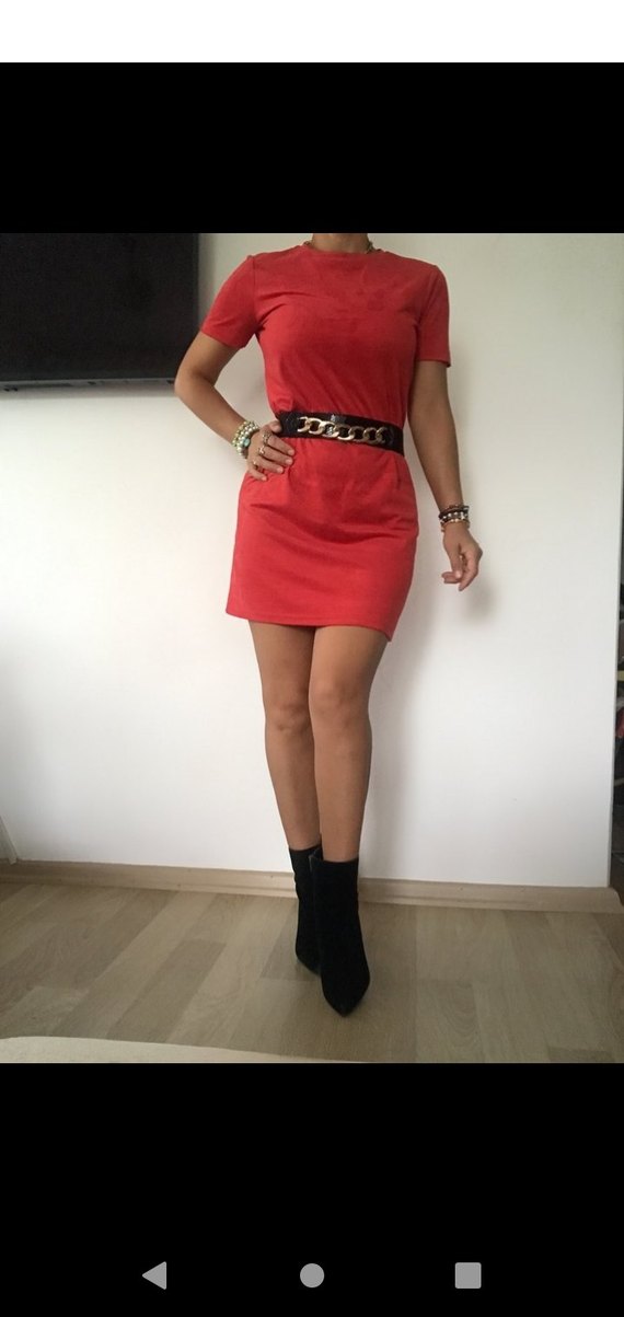 36-38 Beden Kırmızı Süet Elbise - Görsel 3