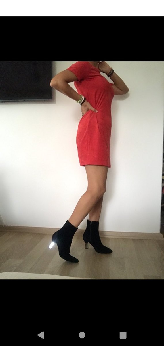 36-38 Beden Kırmızı Süet Elbise - Görsel 2