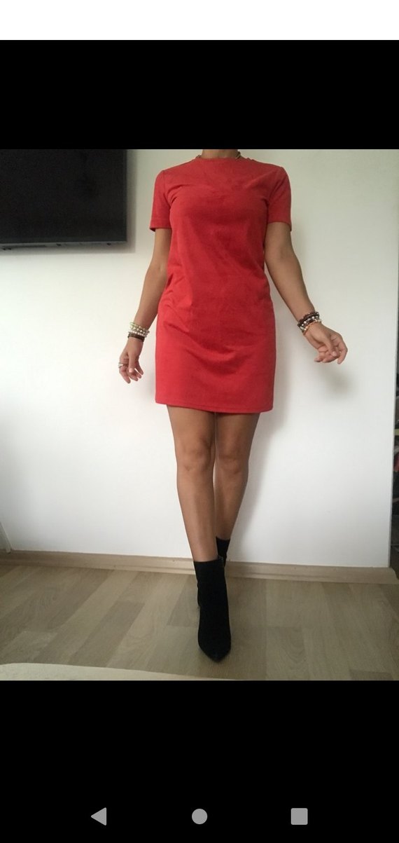 36-38 Beden Kırmızı Süet Elbise - Görsel 4