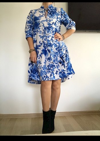 Mavi Desenli Bol Kesim Elbise - Görsel 13