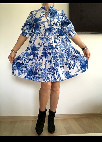 Mavi Desenli Bol Kesim Elbise - Görsel 9