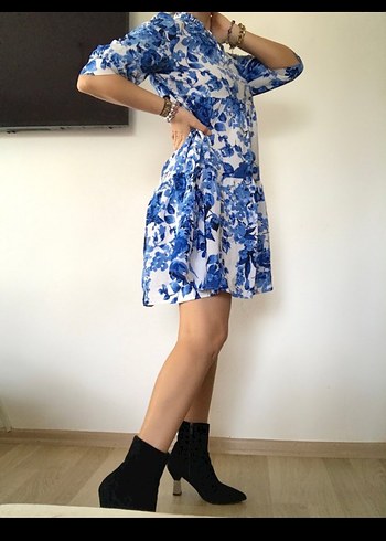 Mavi Desenli Bol Kesim Elbise - Görsel 12