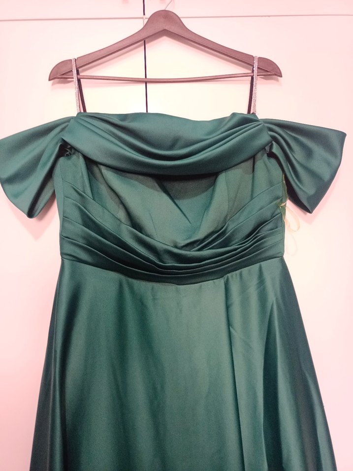 Drapeli Uzun Yeşil Straplez Abiye Elbise - Görsel 3