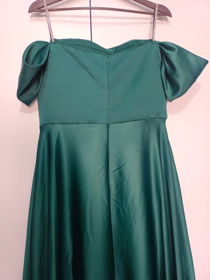 Drapeli Uzun Yeşil Straplez Abiye Elbise - Görsel 5
