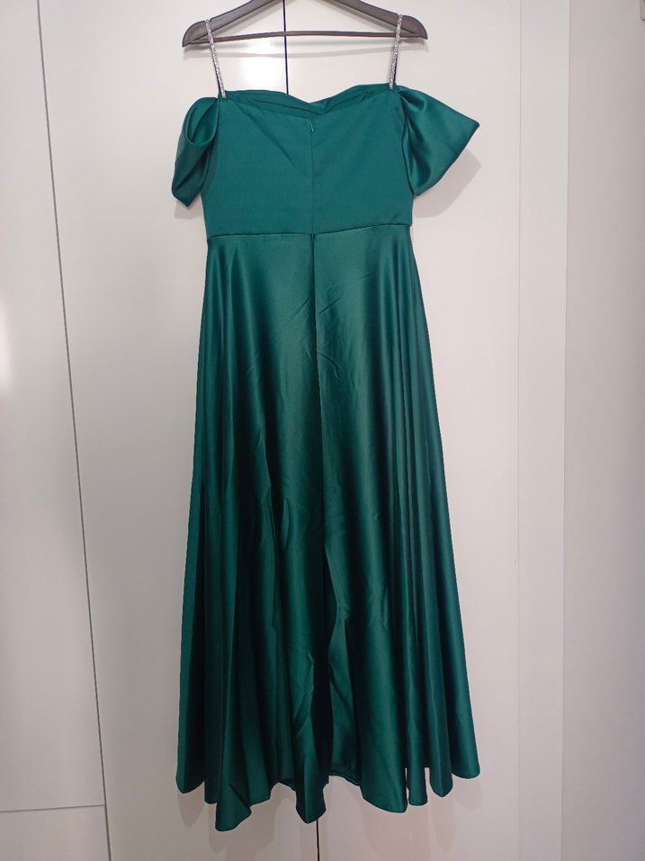 Drapeli Uzun Yeşil Straplez Abiye Elbise - Görsel 4