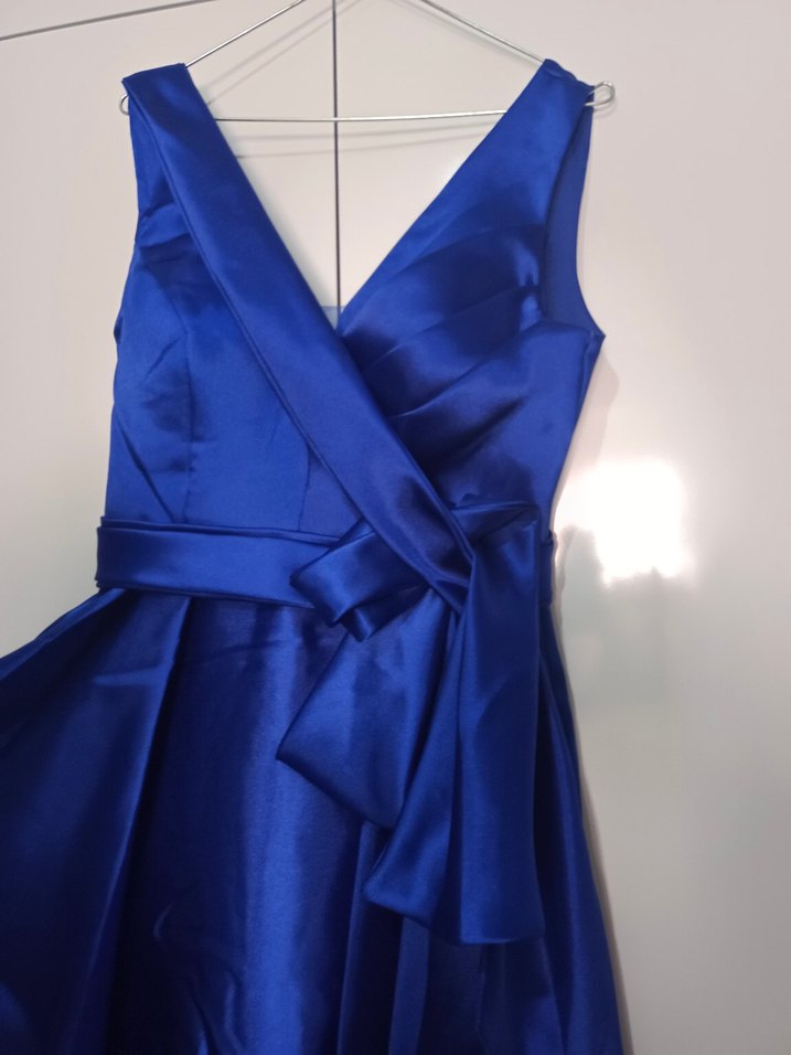 Lacivert Uzun Drapeli Kadın Abiye Elbise - Görsel 2