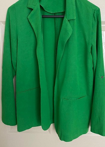 Kadın Yeşil Keten Düğmeli Blazer Ceket