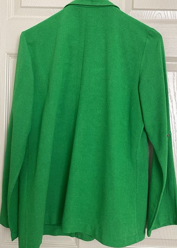 l Beden Kadın Yeşil Keten Düğmeli Blazer Ceket
