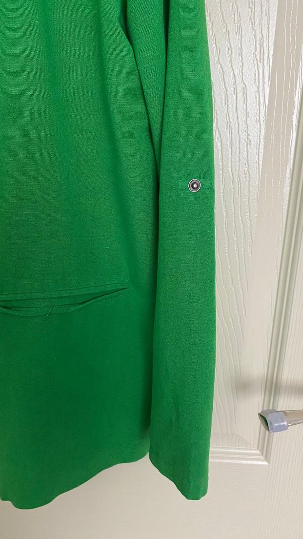 Kadın Yeşil Keten Düğmeli Blazer Ceket - Görsel 3