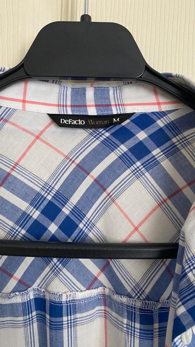 Kadın Mavi Ekose Pamuklu Uzun Kollu Gömlek - Görsel 2