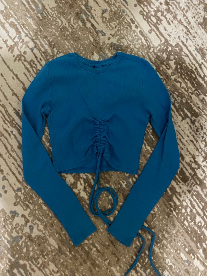 Mavi Kadın Uzun Kollu Crop Top Belden Bağlama Detaylı - Görsel 2