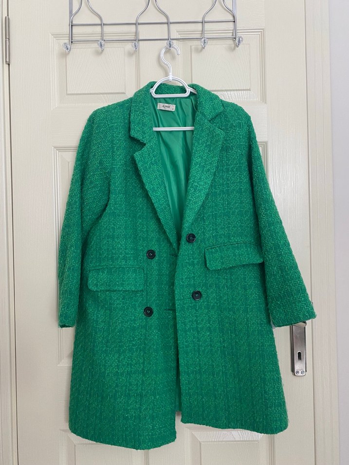 Düğmeli Yeşil Midi Kadın Yün Kaban - Görsel 3