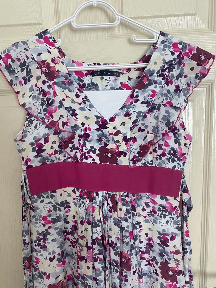 Bohem Vintage V Yaka Renkli Çiçekli Midi Elbise Chima - Görsel 2