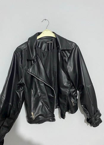 oversize Siyah Deri Biker Ceket