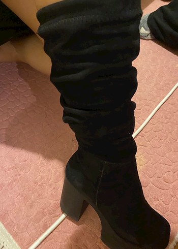 Siyah Süet Leopar Desenli Diz Üstü Platform Topuklu Bot - Görsel 4