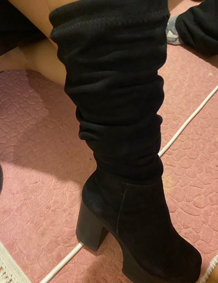 Siyah Süet Leopar Desenli Diz Üstü Platform Topuklu Bot - Görsel 4