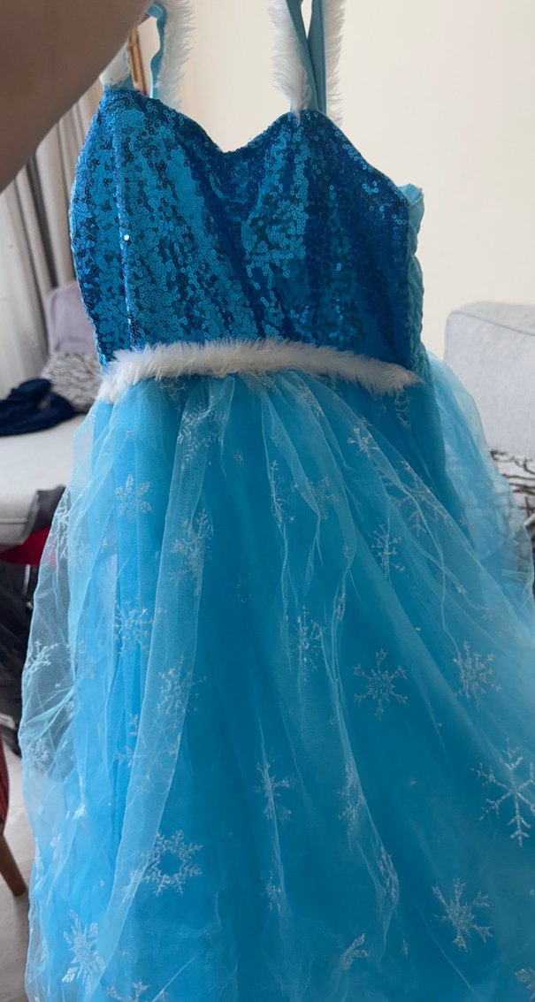 Mavi Kürklü Nakışlı Kız Çocuk Abiye Elbise. Elsa kostümü. - Görsel 4