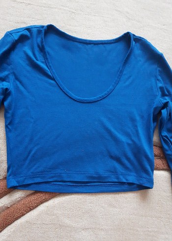 Kadın Mavi Uzun Kollu Crop Bluz - Görsel 2