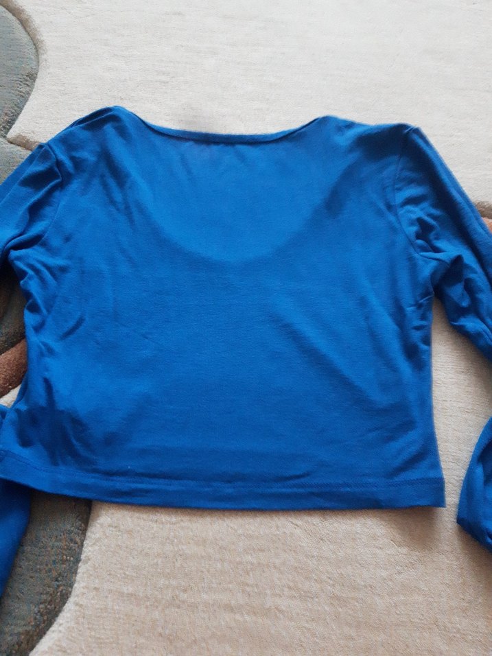 Kadın Mavi Uzun Kollu Crop Bluz - Görsel 4