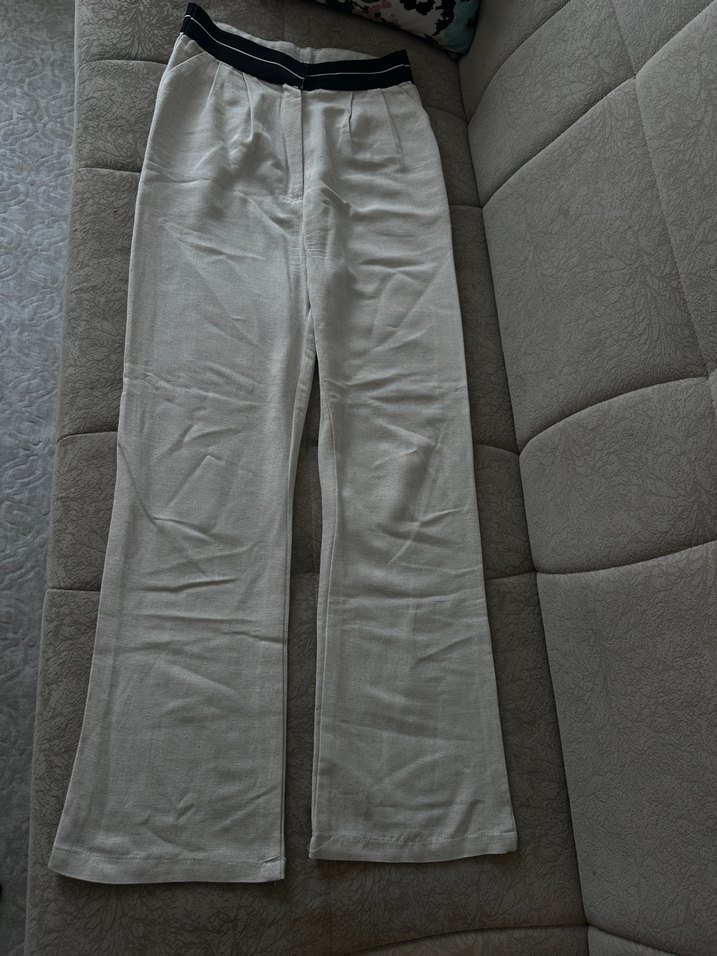 Kadın Keten Beyaz Kemerli Pantolon - Görsel 2