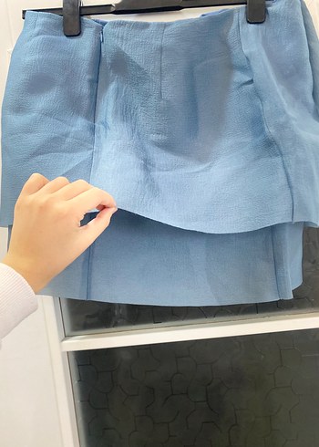 Kadın Mavi Keten Mini Etek - Görsel 3