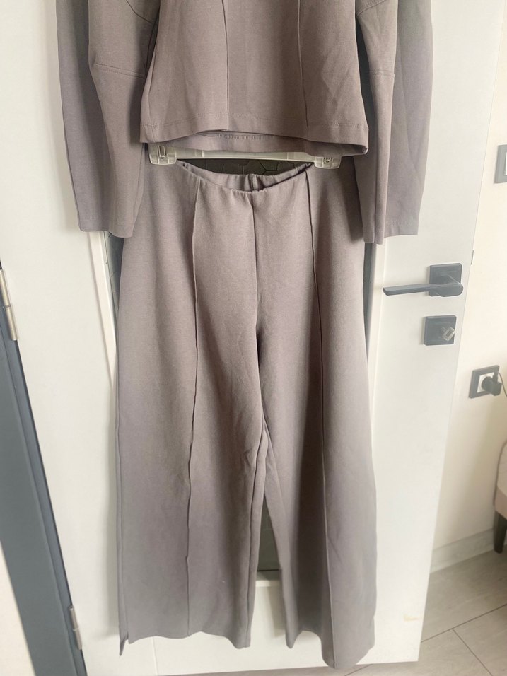 Gri Uzun Kollu Keten Kadın Takım - Görsel 3