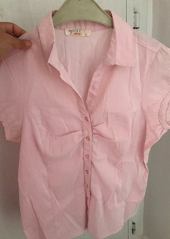 l Beden pembe Renk XSIDE L Beden Düğmeli Kısa Kollu Pembe Keten Gömlek