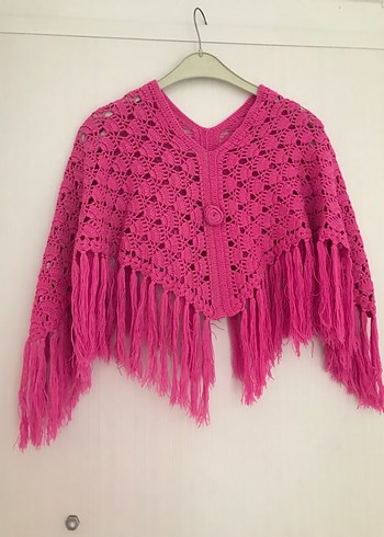 Pembe Örgü Poncho, Uzun Kollu, Bohem StilŞAl - Görsel 5