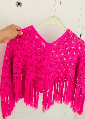 Pembe Örgü Poncho, Uzun Kollu, Bohem StilŞAl - Görsel 3