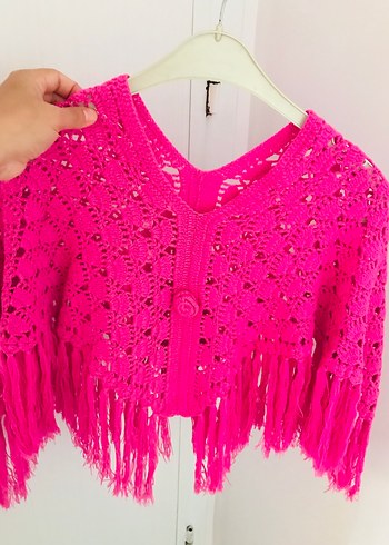 Pembe Örgü Poncho, Uzun Kollu, Bohem StilŞAl - Görsel 2