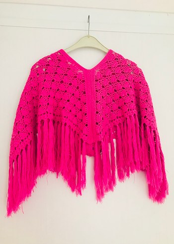 Pembe Örgü Poncho, Uzun Kollu, Bohem StilŞAl - Görsel 4