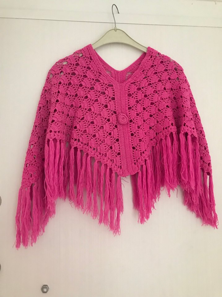 Pembe Örgü Poncho, Uzun Kollu, Bohem StilŞAl - Görsel 5