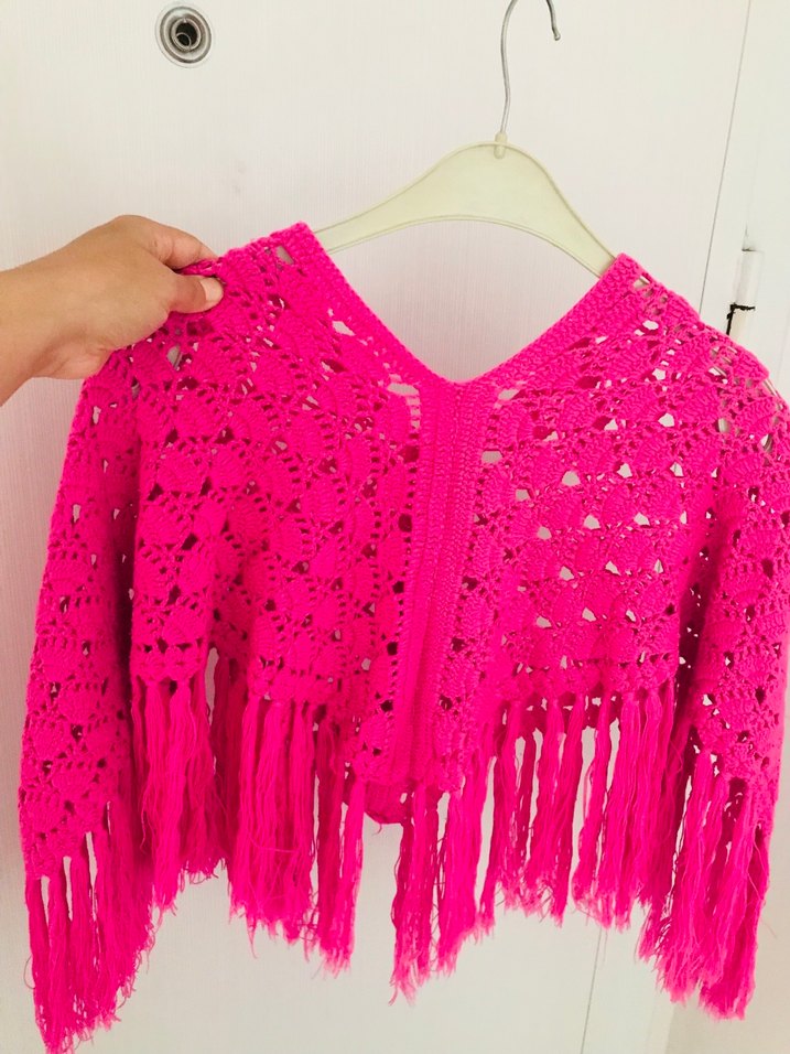 Pembe Örgü Poncho, Uzun Kollu, Bohem StilŞAl - Görsel 3