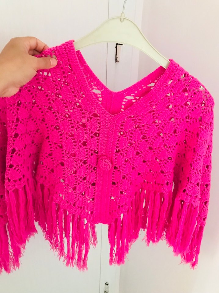 Pembe Örgü Poncho, Uzun Kollu, Bohem StilŞAl - Görsel 2