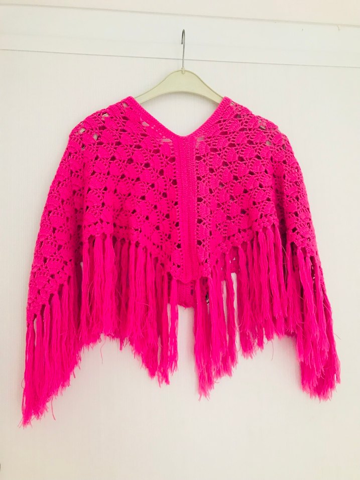 Pembe Örgü Poncho, Uzun Kollu, Bohem StilŞAl - Görsel 4