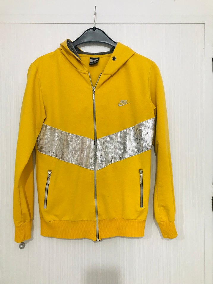 NIKE ORJİNAL Sarı Kadın Kapüşonlu Fermuarlı Sweatshirt - Görsel 5