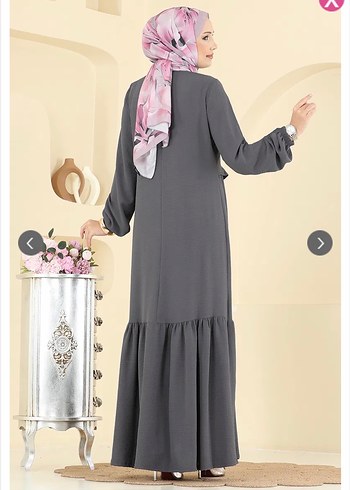 Koyugri  Uzun Önü taşlı Bağcıklı Tesettür Elbise - Görsel 3