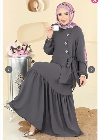 Koyugri  Uzun Önü taşlı Bağcıklı Tesettür Elbise - Görsel 2