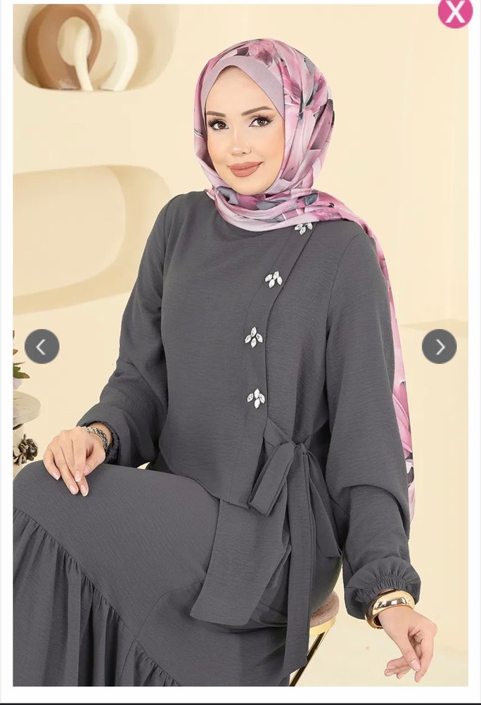 Koyugri  Uzun Önü taşlı Bağcıklı Tesettür Elbise - Görsel 4