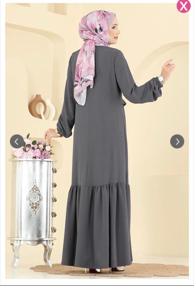 Koyugri  Uzun Önü taşlı Bağcıklı Tesettür Elbise - Görsel 3