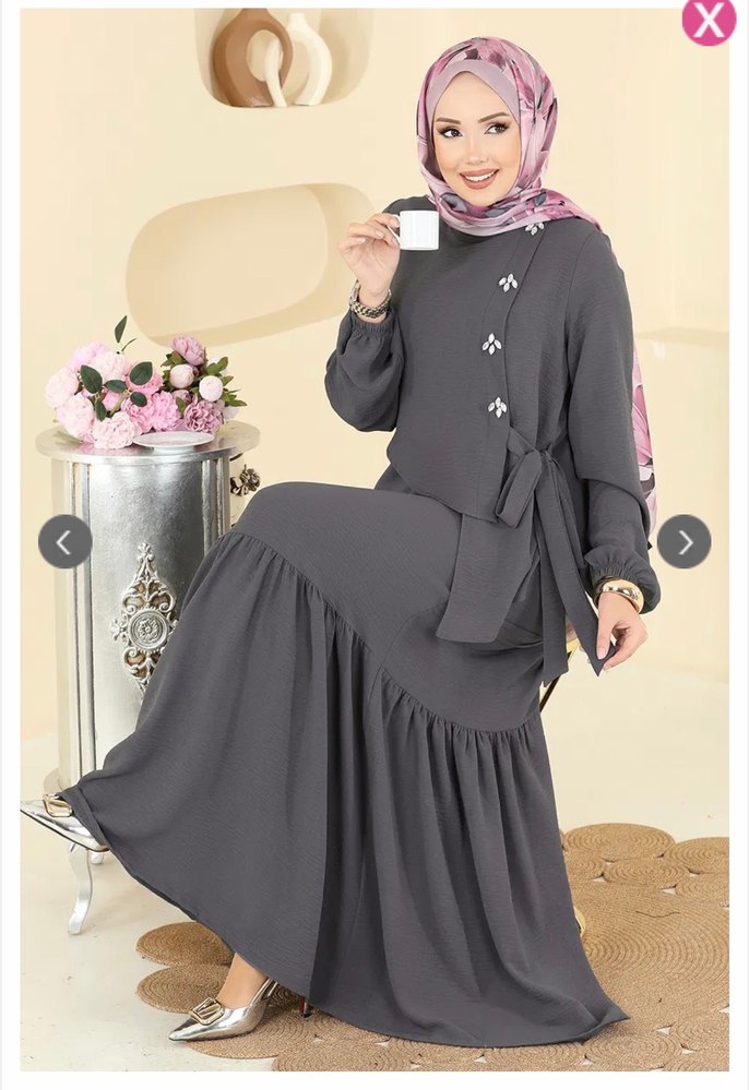 Koyugri  Uzun Önü taşlı Bağcıklı Tesettür Elbise - Görsel 2