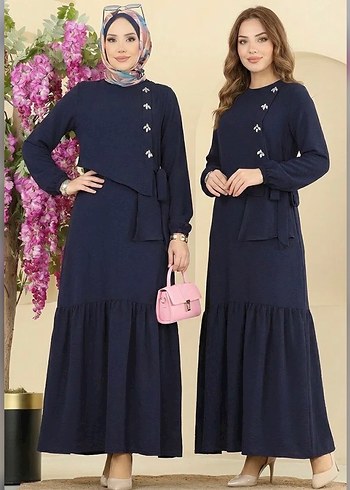 Önü Taşlı Bağcıklı çok ŞIK Tesettür siyah Elbise - Görsel 9