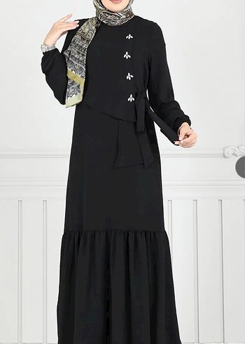 Önü Taşlı Bağcıklı çok ŞIK Tesettür siyah Elbise - Görsel 4