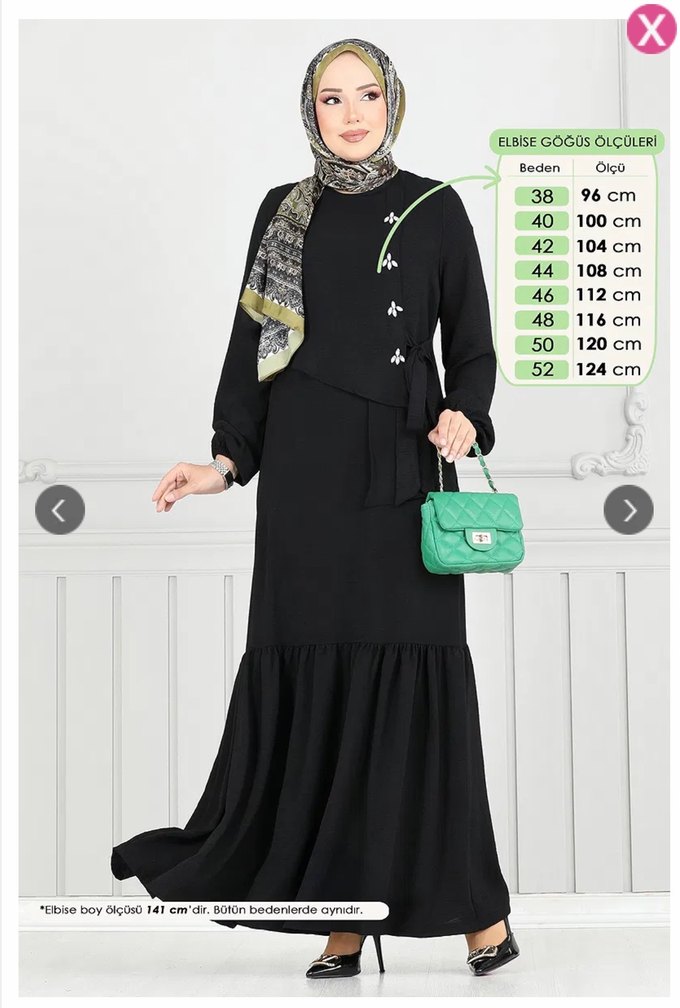 Önü Taşlı Bağcıklı çok ŞIK Tesettür siyah Elbise - Görsel 2