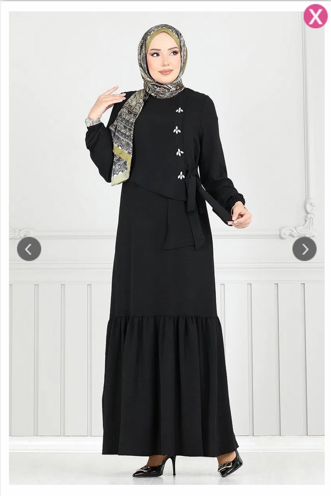 Önü Taşlı Bağcıklı çok ŞIK Tesettür siyah Elbise - Görsel 5