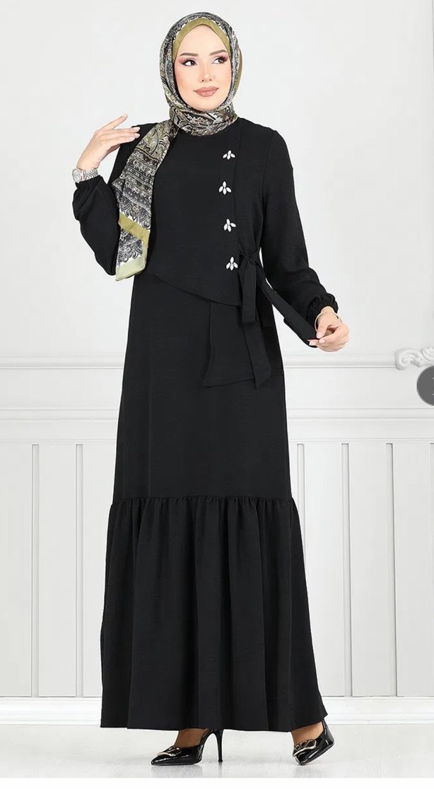 Önü Taşlı Bağcıklı çok ŞIK Tesettür siyah Elbise - Görsel 4